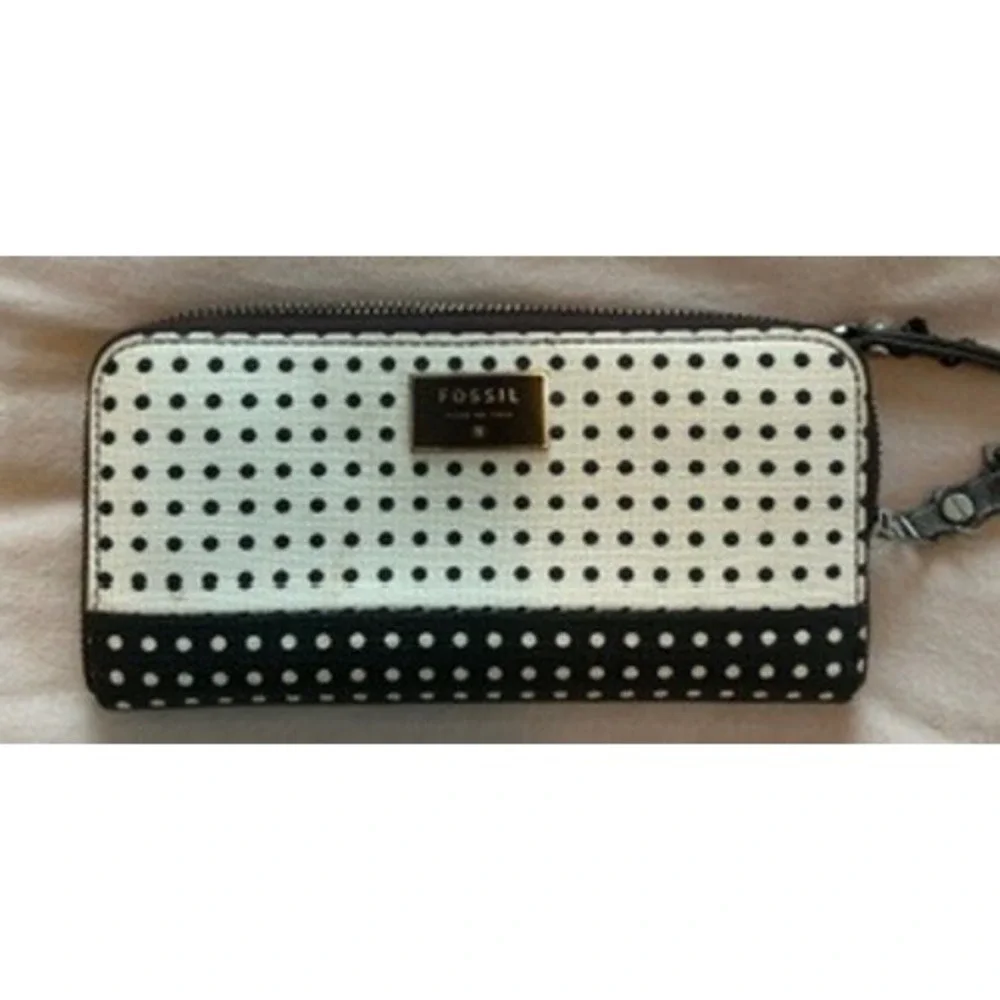 Fossil Black White Polka Dot Zip Around Clutch Wristlet Wallet Gold Logo